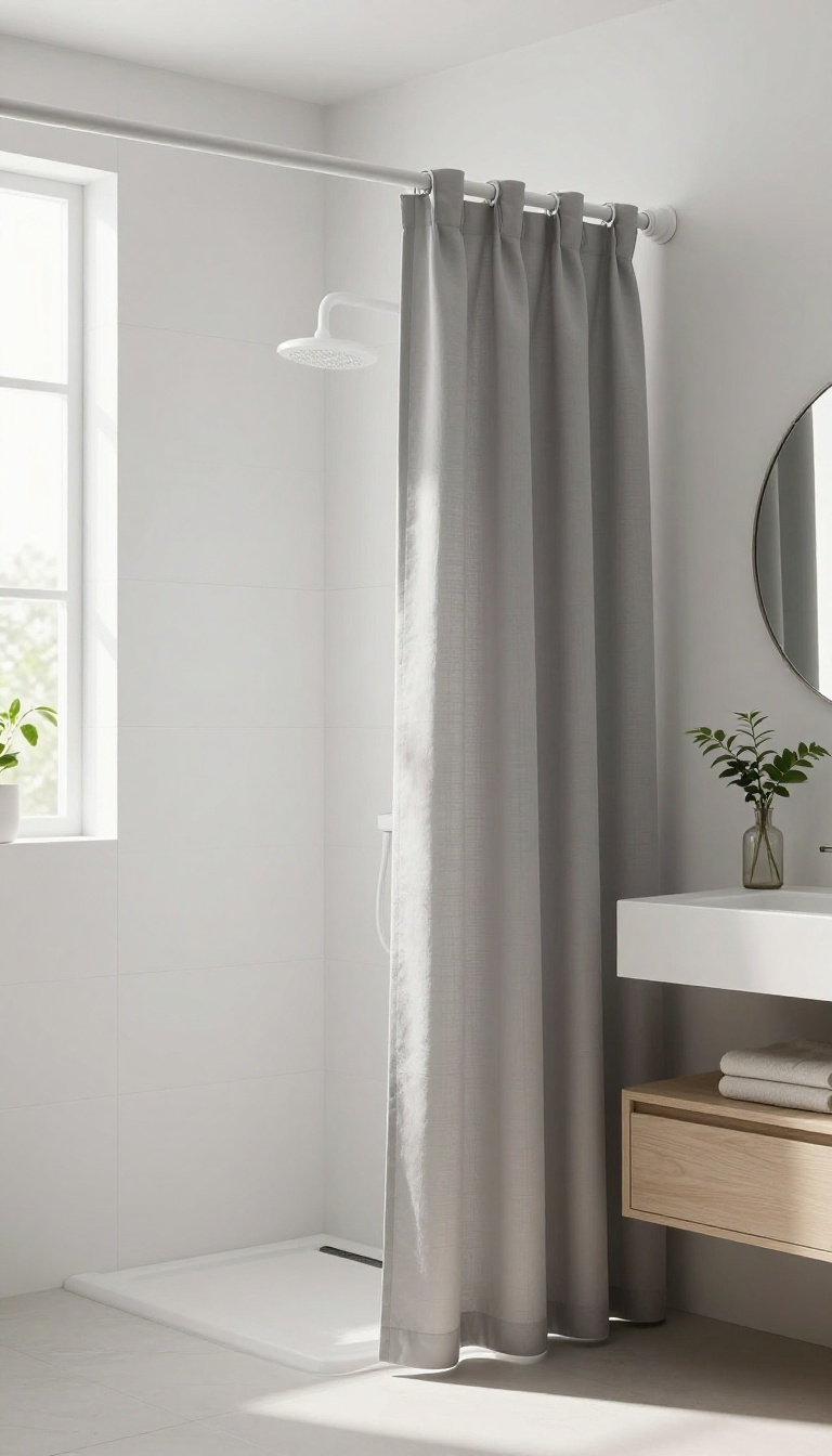 Small bathroom with curved tension rod and light gray shower curtain, showing extra shower space
