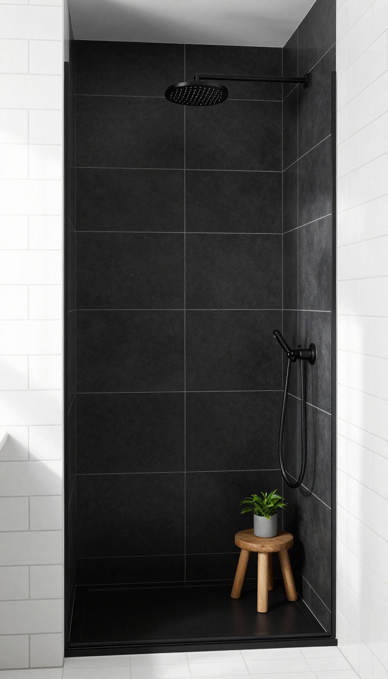 Bold matte black and white tiled shower with white grout, matte black fixtures, and natural light