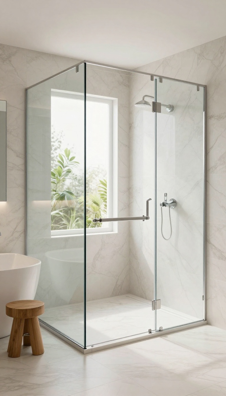 Modern bathroom with a floating glass half wall shower, clear glass panel with a gap at the bottom, bright natural light, marble tiles, and minimalist decor.