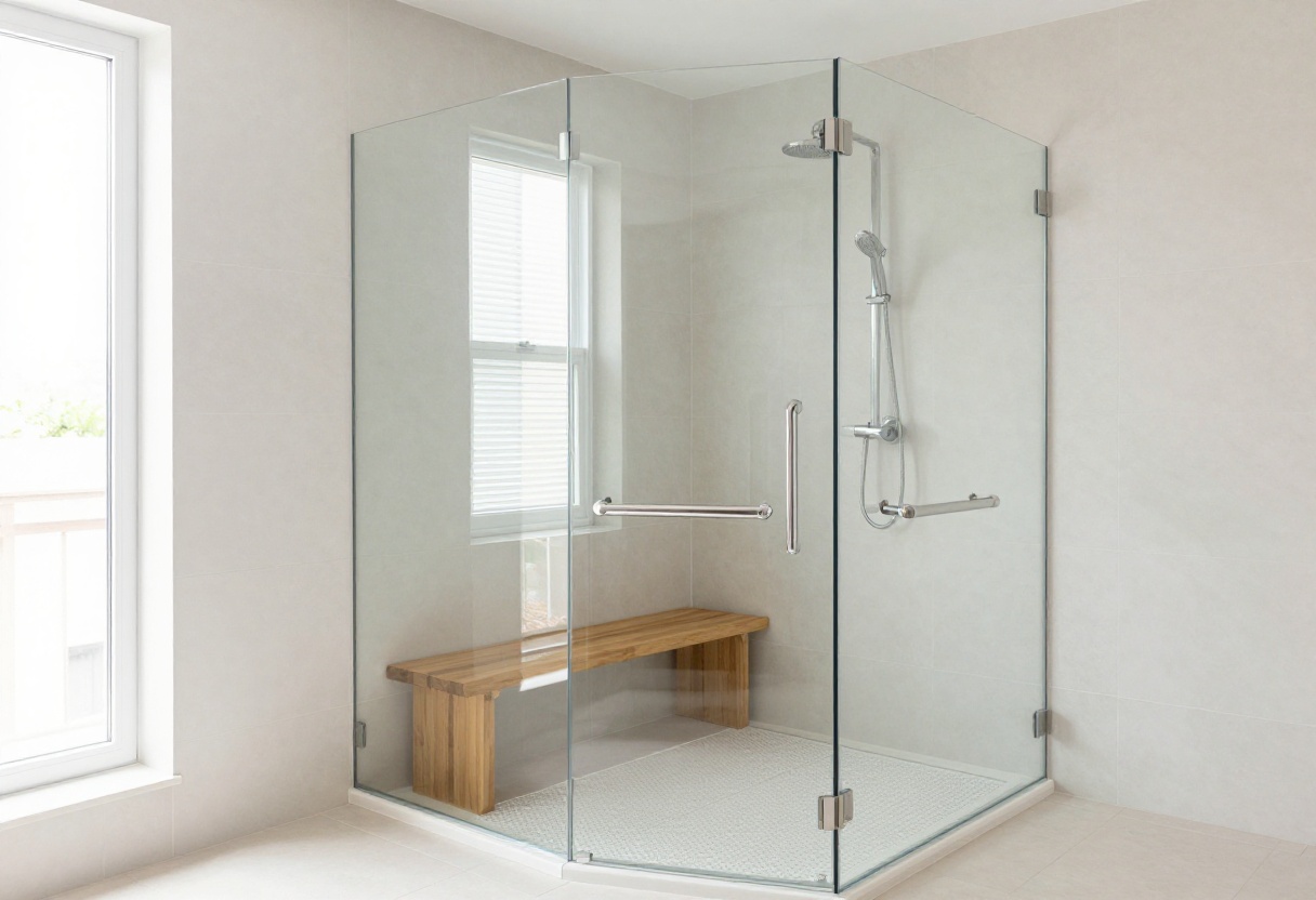 Modern easy-access shower with curbless entry, built-in bench, and grab bars