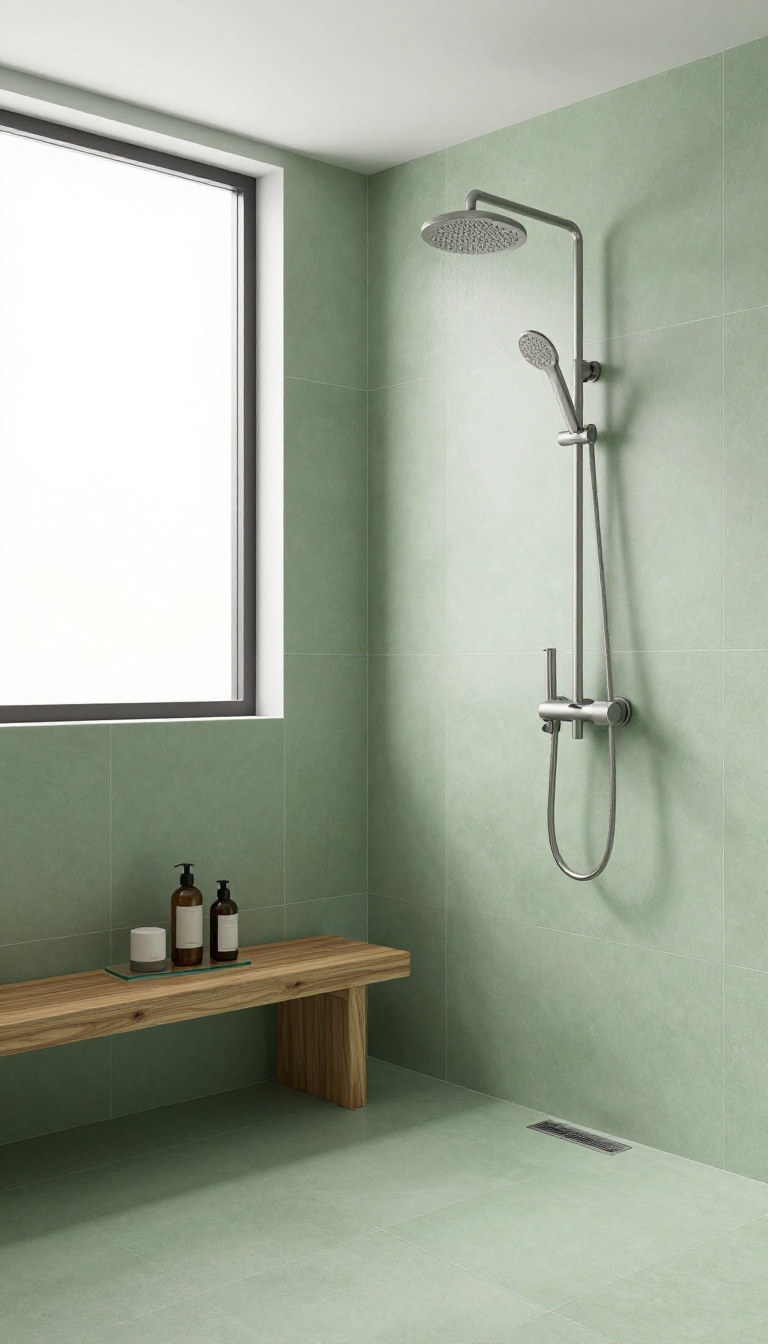 Modern bathroom shower with large-format green porcelain tiles, brushed nickel fixtures, and a teak bench in natural light