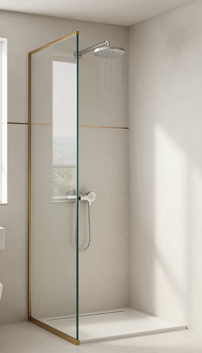 Neutral tiled shower with a thin brass accent strip and natural light