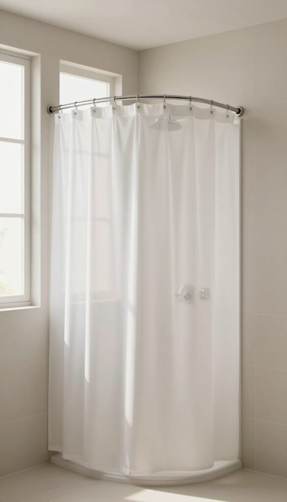 Small stand-up shower with a curved shower rod and light fabric curtain, creating a more spacious feel.