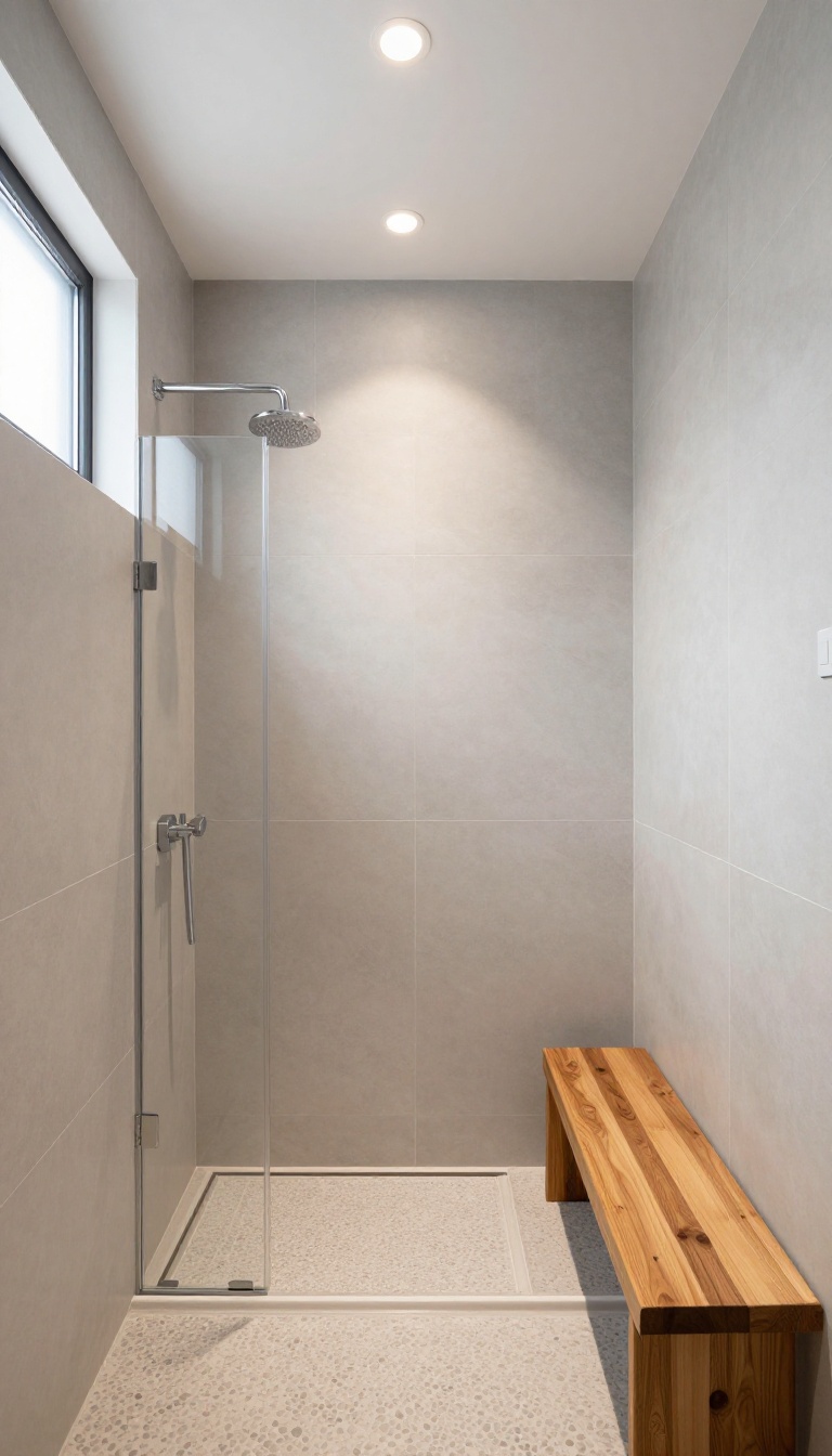 Modern master bathroom shower with recessed LED lighting and dimmable switch, highlighting tile textures and a teak bench.