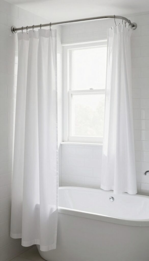 Two white shower curtains hung at different heights on separate rods in a bright bathroom, creating a layered, custom look.