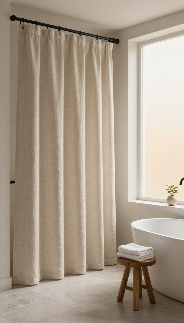 Floor-length linen shower curtain in a spa-like bathroom with soft natural light