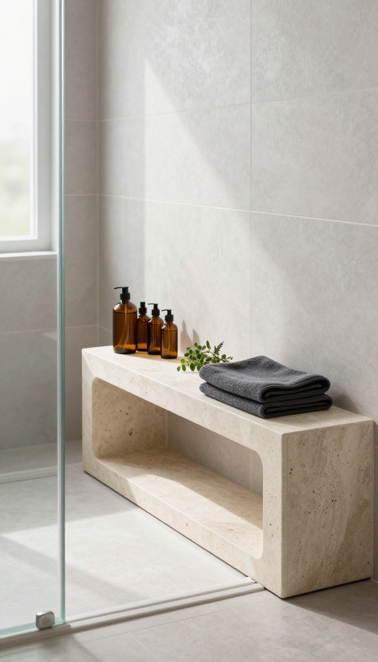Walk-in shower with a stone bench featuring a built-in recessed shelf caddy holding toiletries and a plant.