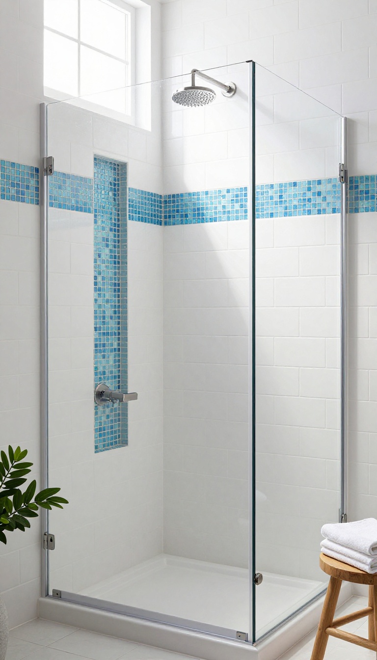 Bathroom shower with white subway tiles and a blue glass mosaic accent strip at eye level, with a matching niche and natural light.
