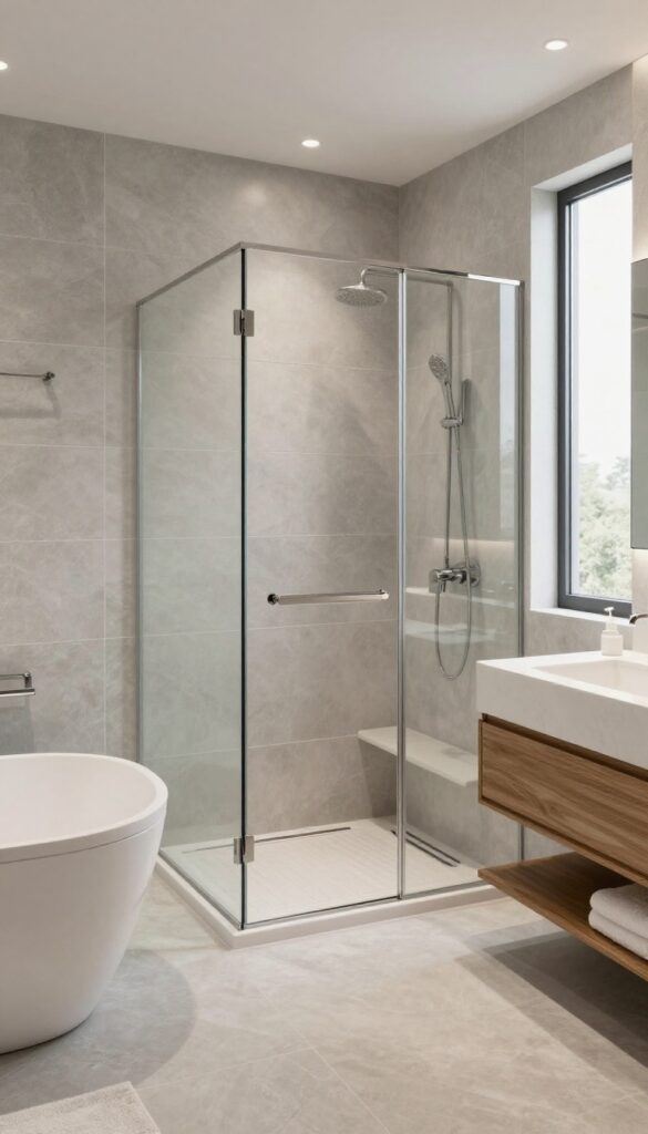 Curbless walk-in shower with seamless flooring and linear drain in a bright, modern bathroom.