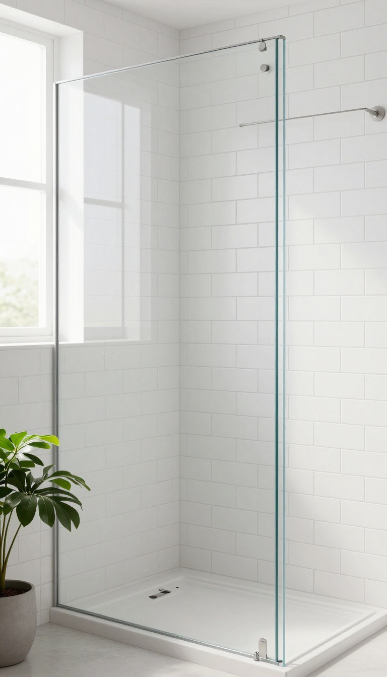 Modern bathroom shower with herringbone subway tile pattern in bright natural light