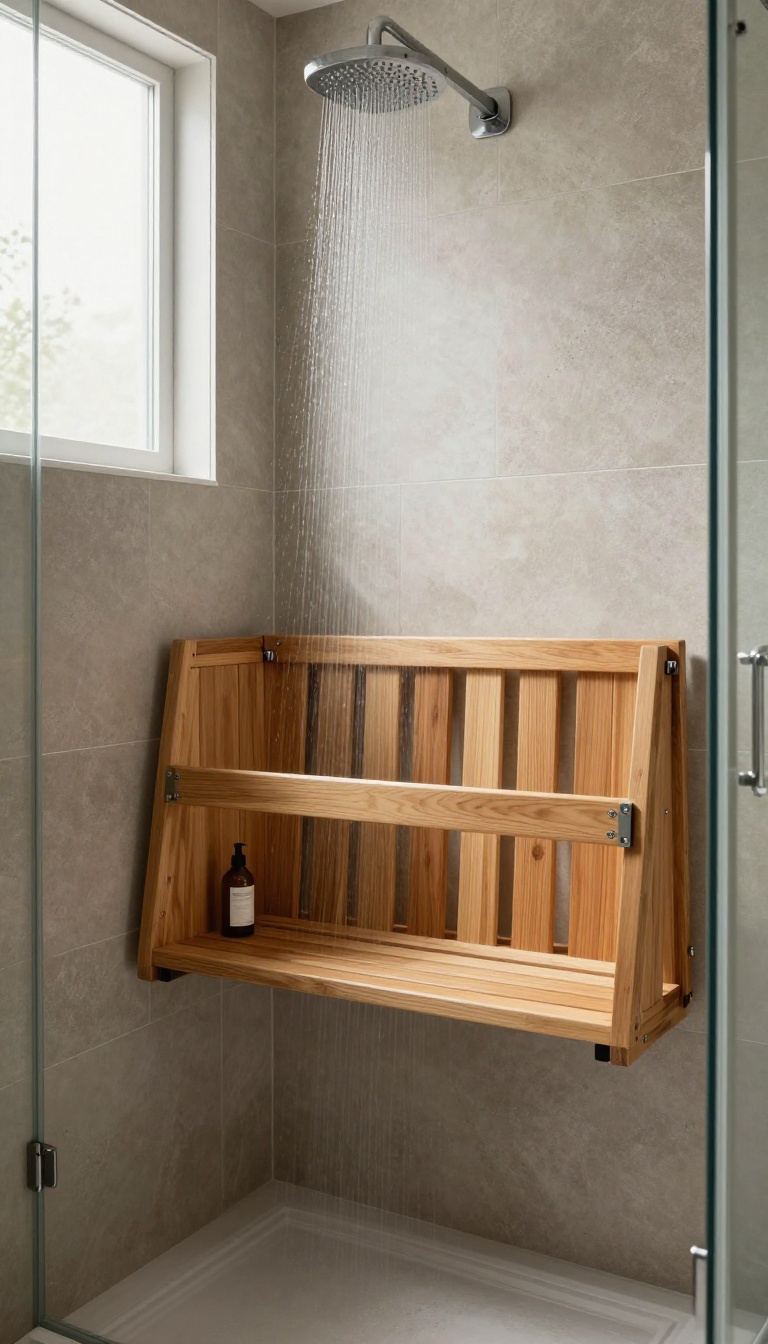 Modern walk-in shower with a fold-down teak bench in a bright, tiled space.