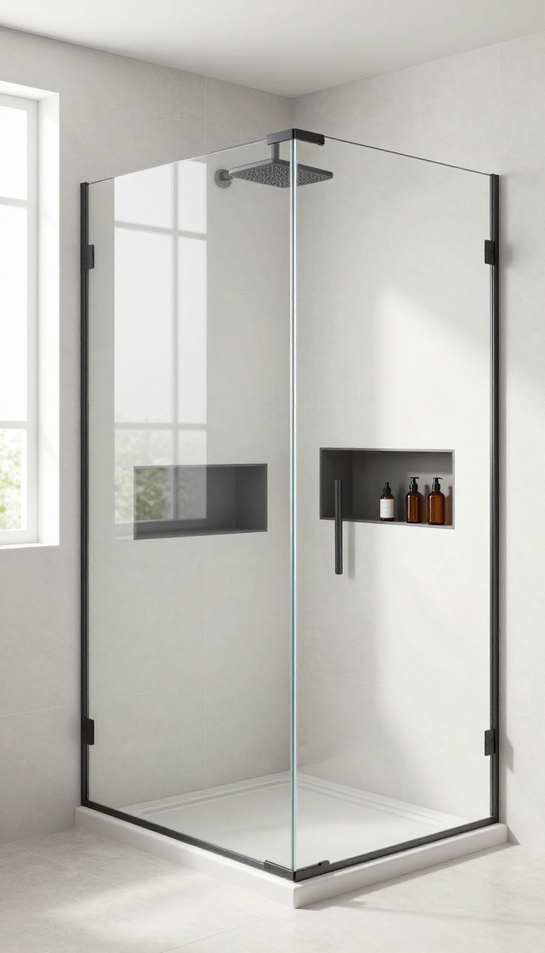 Modern walk-in shower with white tiles and a dark charcoal niche for contrast, illuminated by natural light.