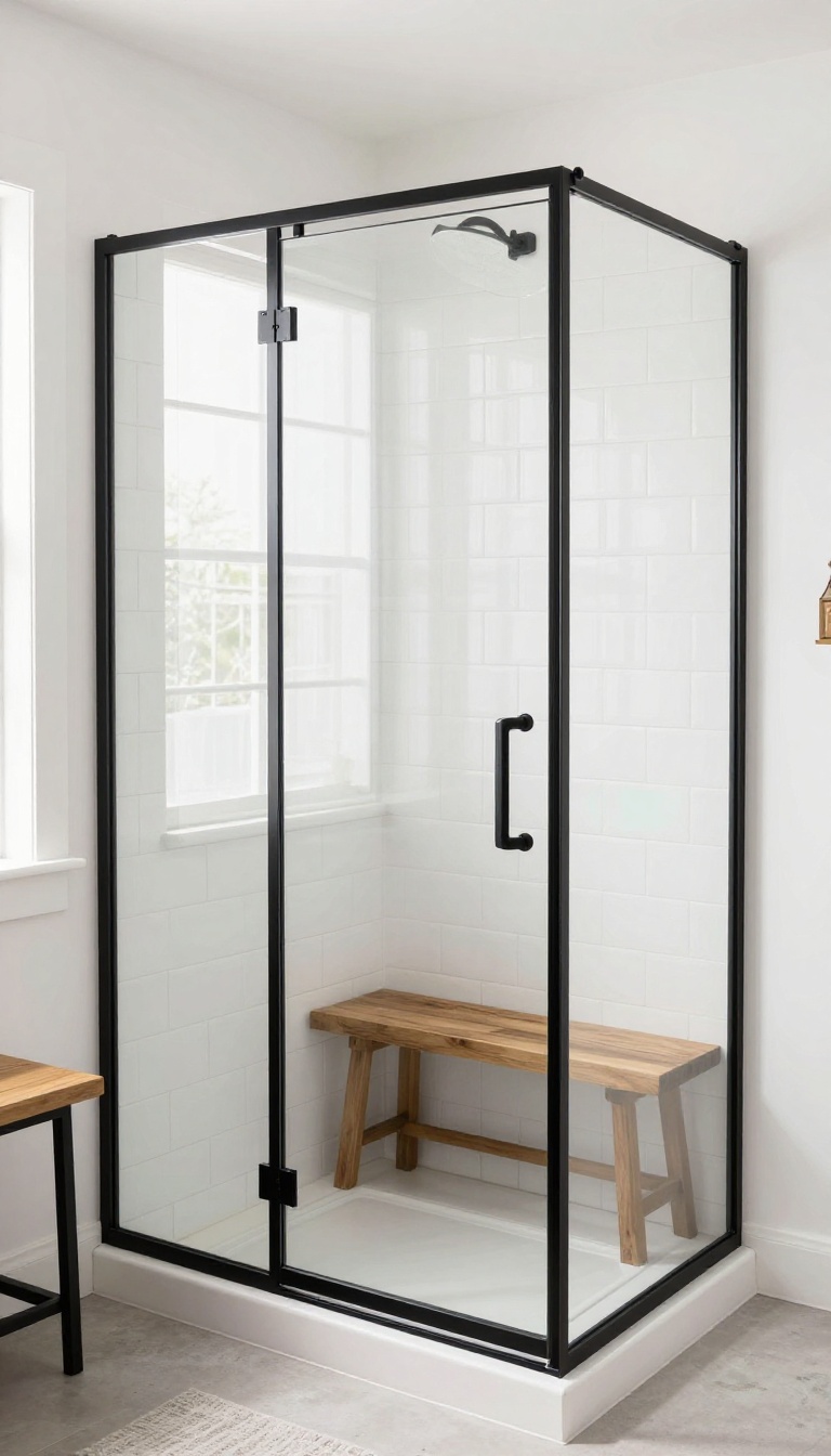 Farmhouse walk-in shower with black metal framed glass doors, white tiles, and wooden bench in bright natural light