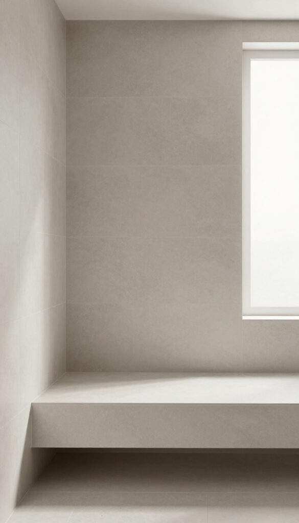 Modern shower with large-format porcelain tiles and a matching floating seat