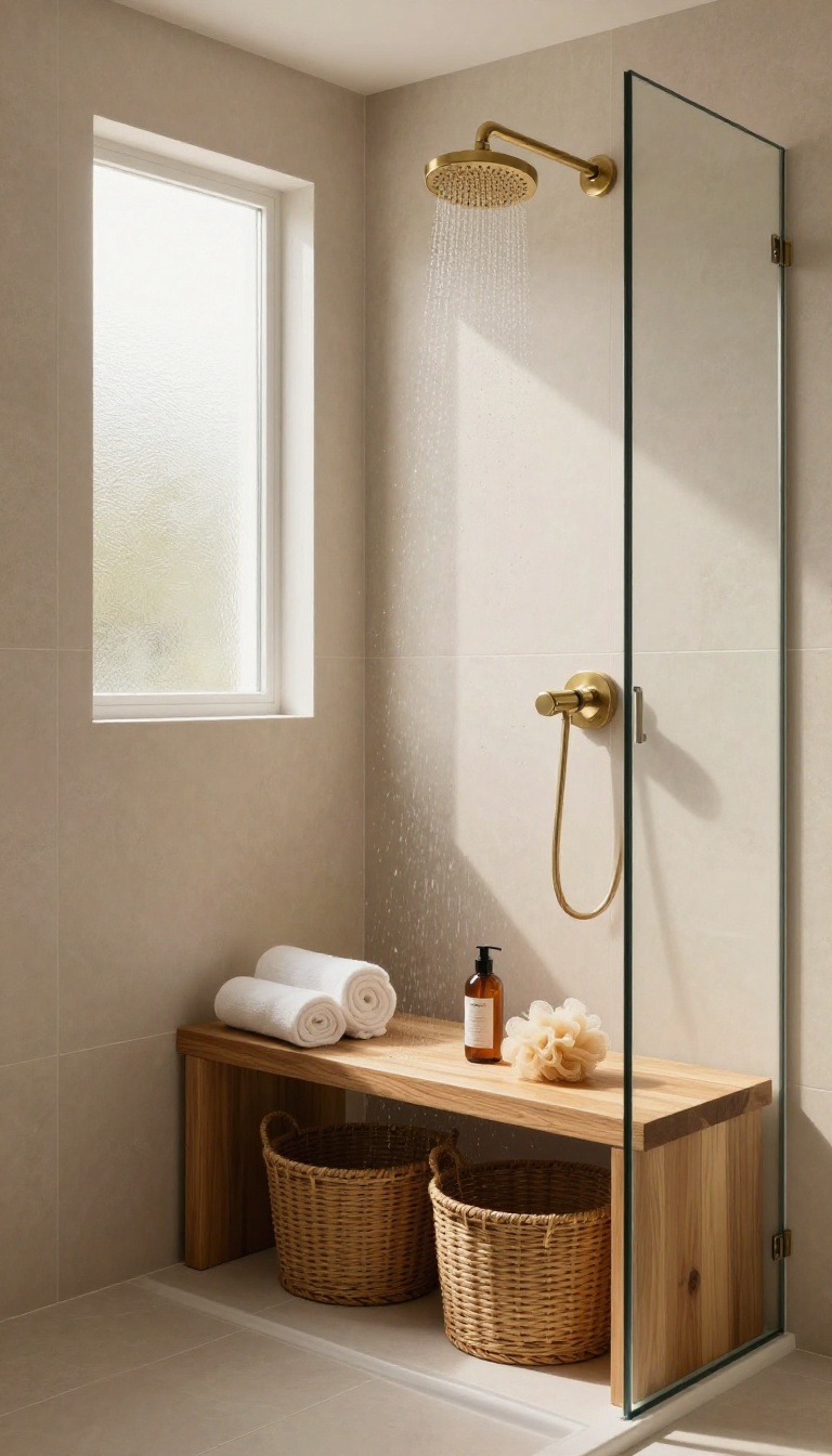 Warm inviting shower with teak bench and woven baskets underneath for hidden storage