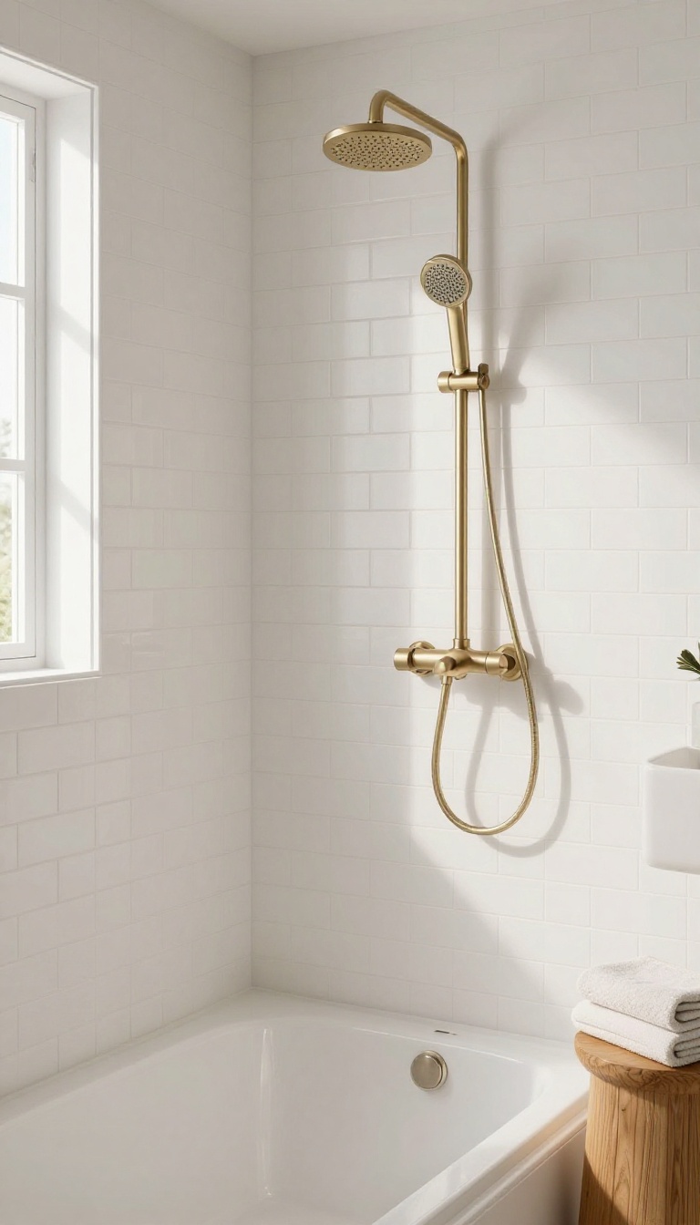 Modern bathroom with upgraded brushed nickel faucet and shower set over a bathtub