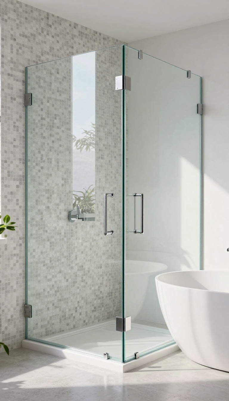 Frameless low-iron glass shower door with clear view of mosaic tile, bright natural light, modern bathroom