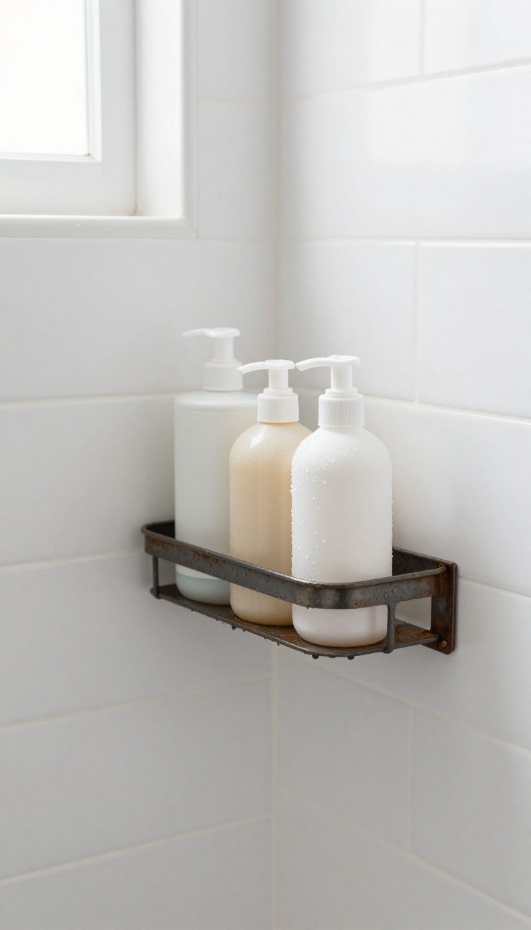 A slim corner caddy in a small shower holding shampoo and soap bottles, with natural light and white tiles.