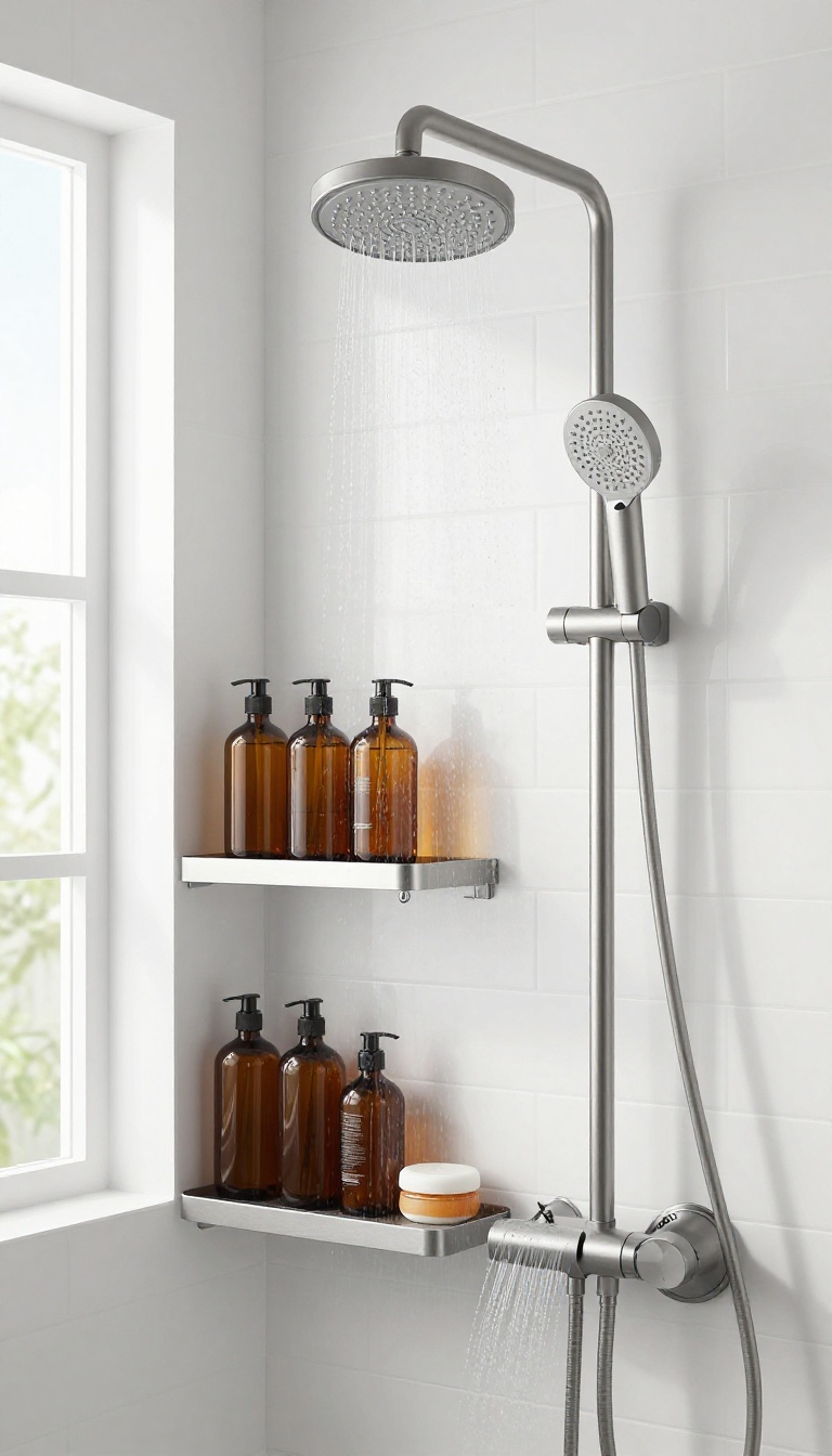 Modern shower with an over-the-showerhead shelf holding neatly arranged bottles and soap in soft natural light