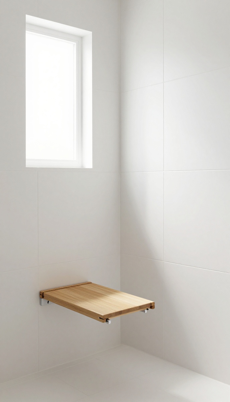 Fold-down shower seat in a small modern bathroom