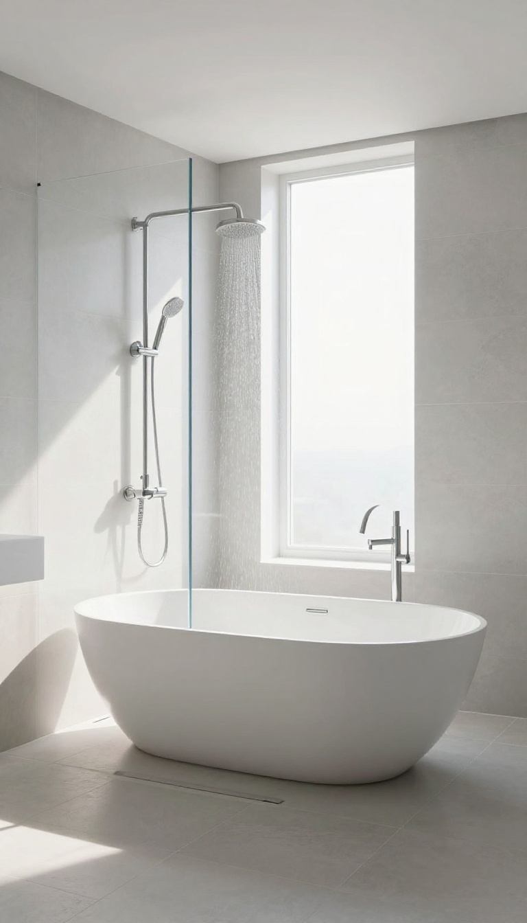 Freestanding tub and open walk-in shower combo in a bright, spa-like bathroom