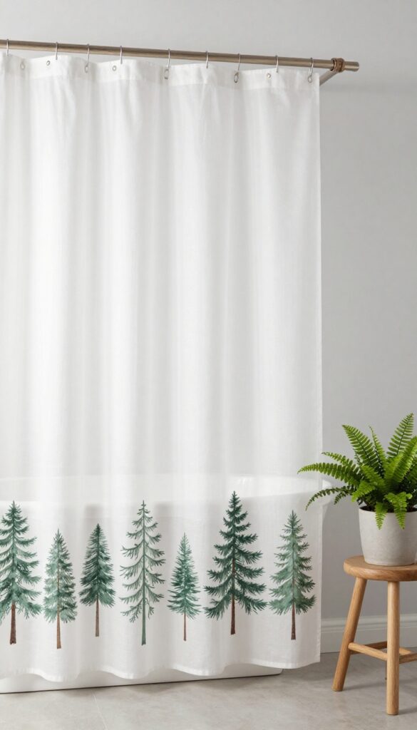 A rustic bathroom with a plain white cotton shower curtain featuring a hand-stamped pine tree pattern in muted green, surrounded by natural wood accents and a potted fern.