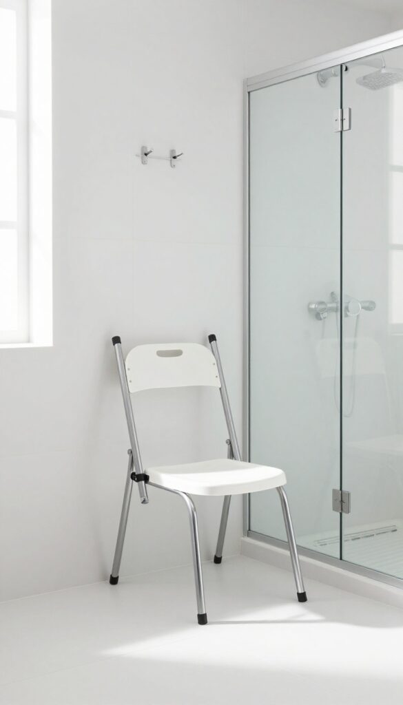 Foldable shower chair hanging on a wall hook in a bright, modern bathroom