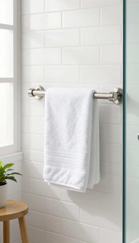 Stainless steel grab bar doubling as a towel rack above a bathtub in a small bright bathroom