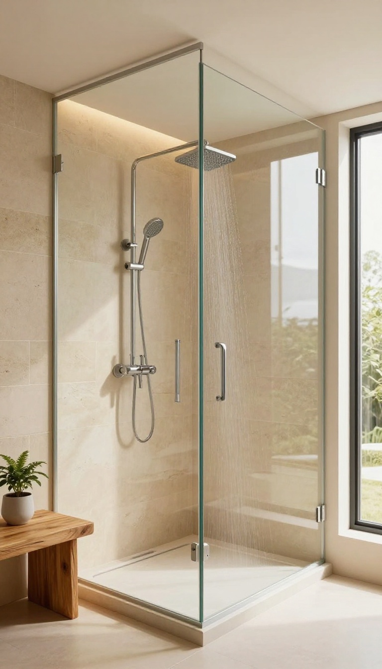 Under-stairs shower cabin with sloped ceiling, glass enclosure, and teak bench in a modern bathroom