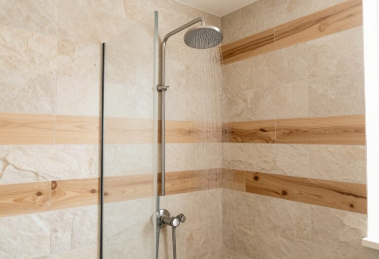 Modern rustic tile shower with natural stone and wood-look planks