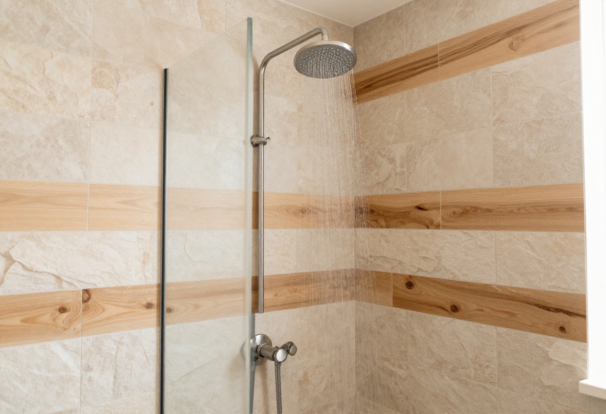 Modern rustic tile shower with natural stone and wood-look planks