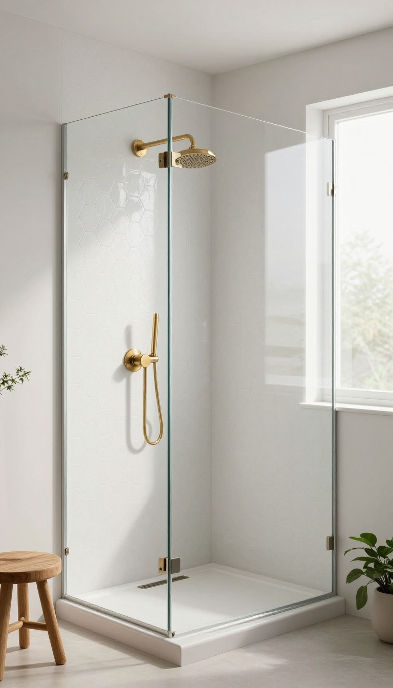 Bright bathroom shower with white hexagon tiles and modern fixtures