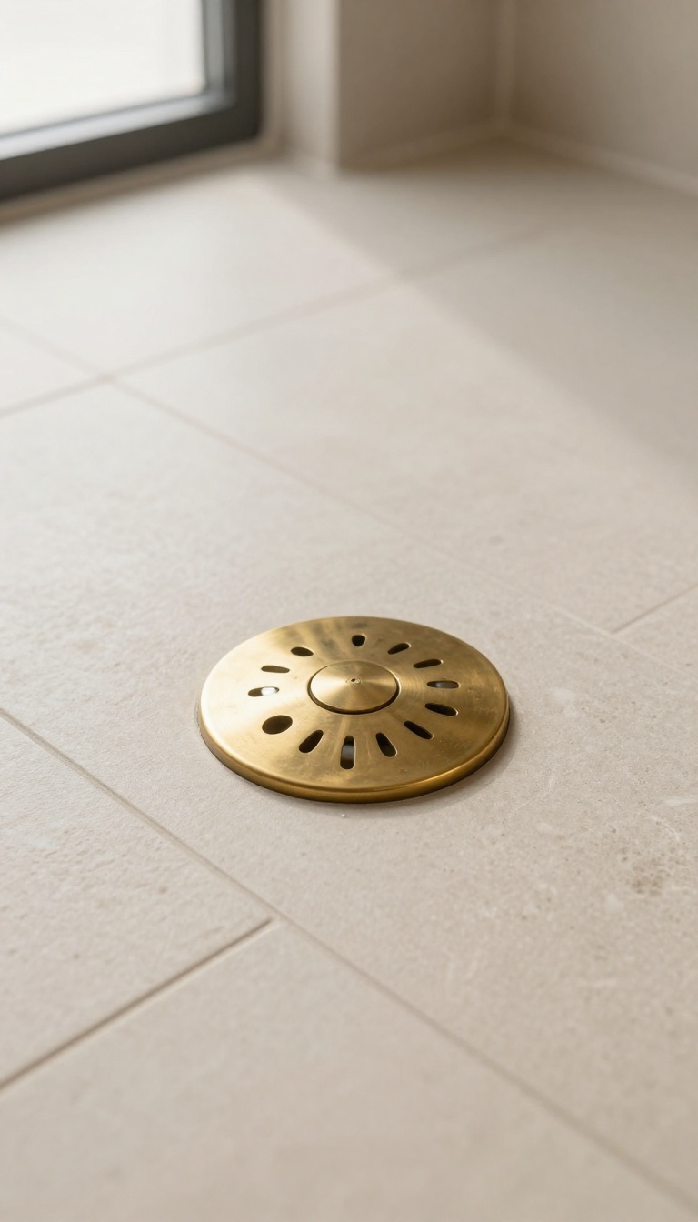 Brass shower drain cover on a beige tile floor in a modern bathroom