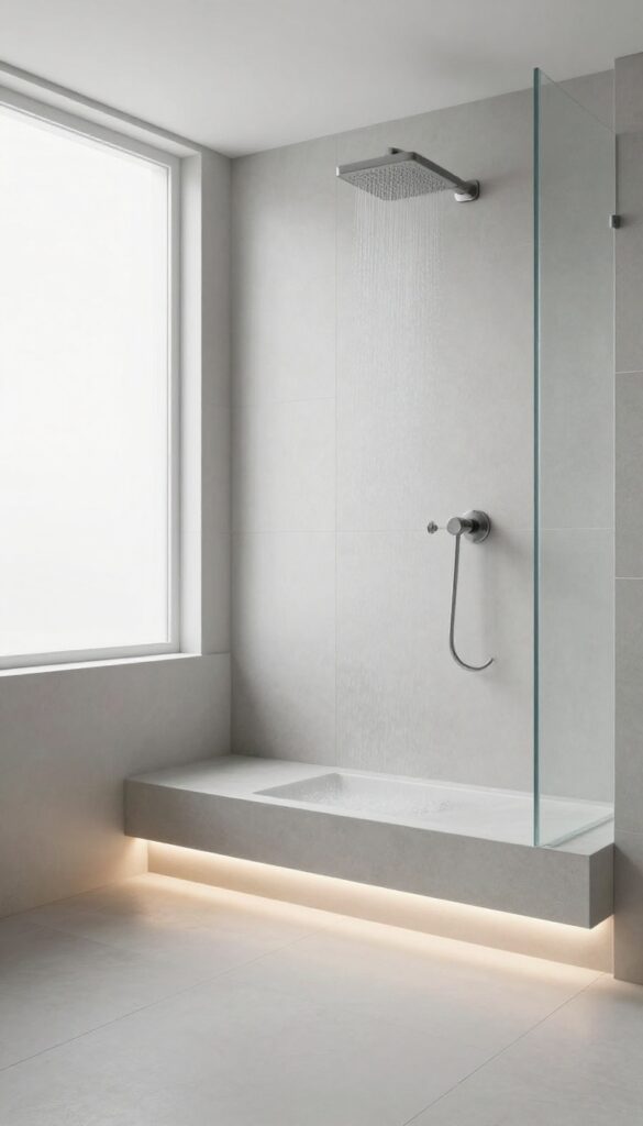 Modern walk-in shower with a floating bench seat and LED lighting underneath, creating a warm glow.