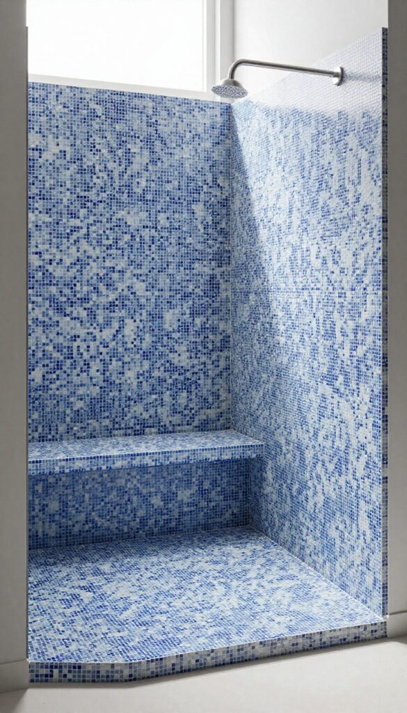 Custom tile and mortar shower base with mosaic pattern and built-in bench in a bright, modern bathroom
