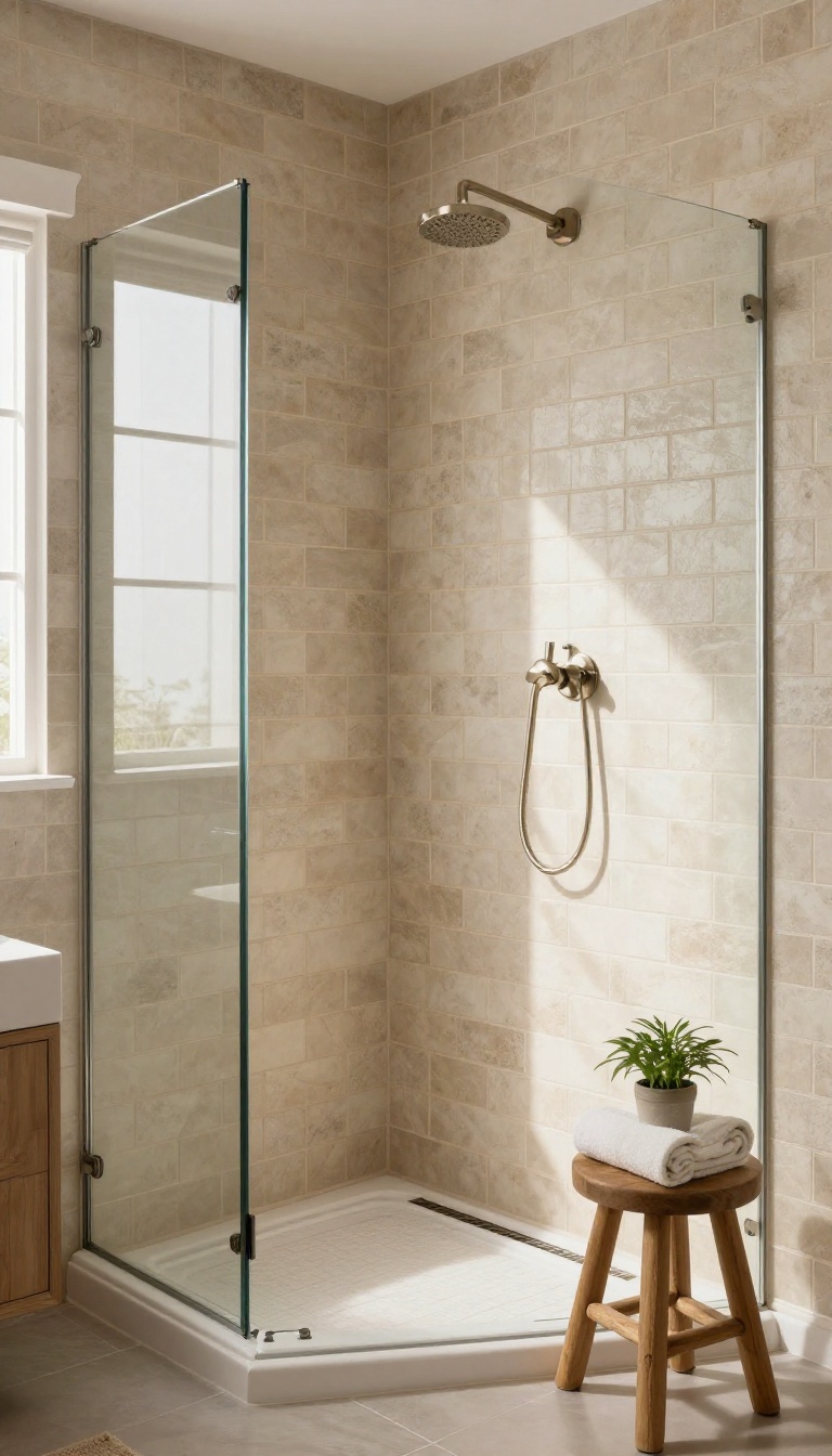 Beige brick joint subway tiles in a modern farmhouse shower with natural light and wooden accents