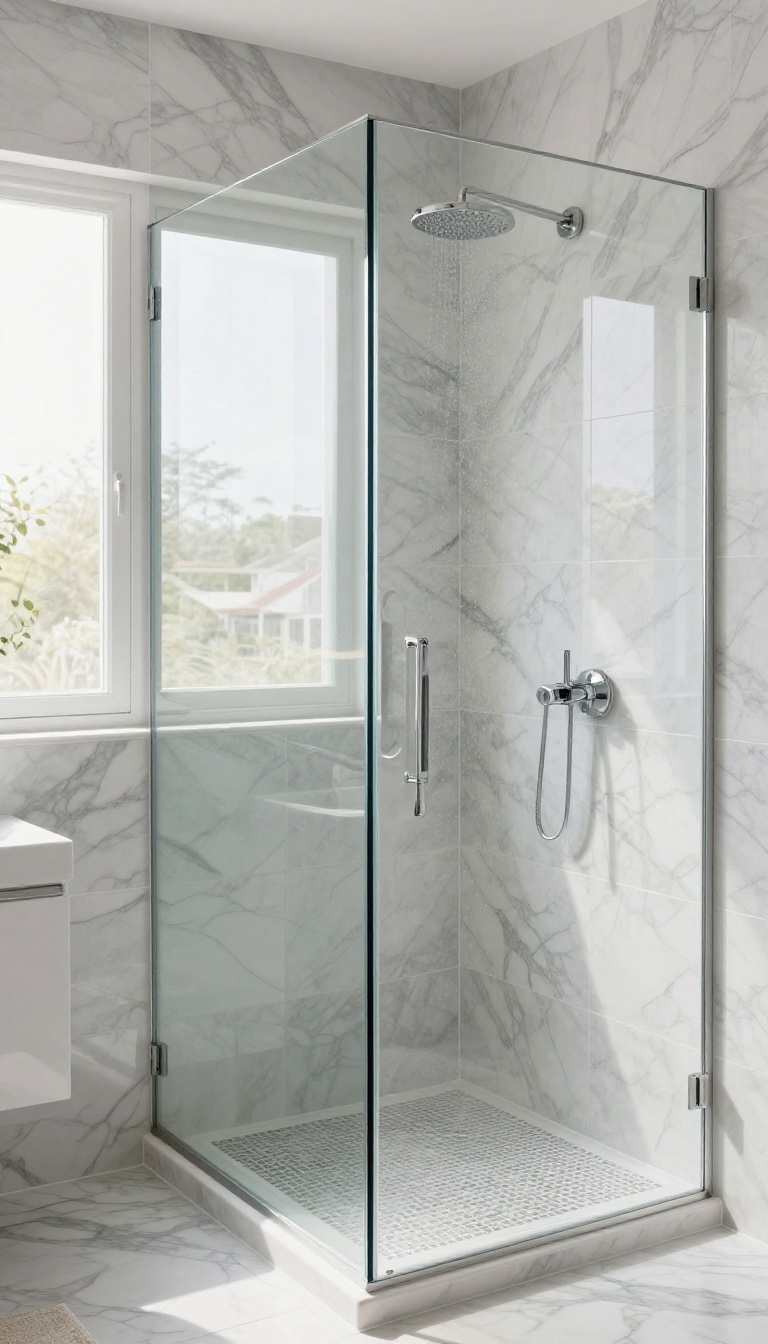 High-gloss marble-look porcelain tiles in a bright, luxurious shower with a rainfall showerhead and mosaic floor