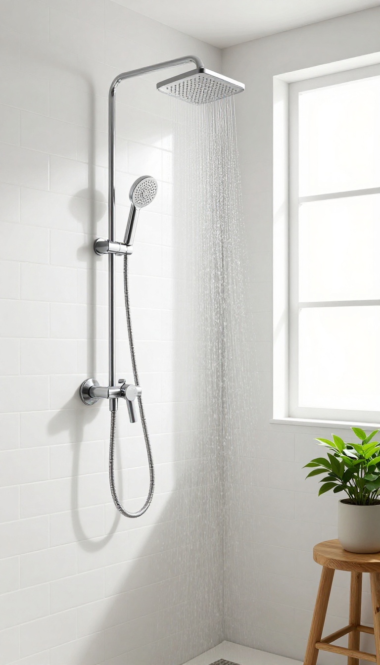 Modern bathroom shower with a handheld shower wand on a slide bar, featuring sleek chrome fixtures and bright natural light.