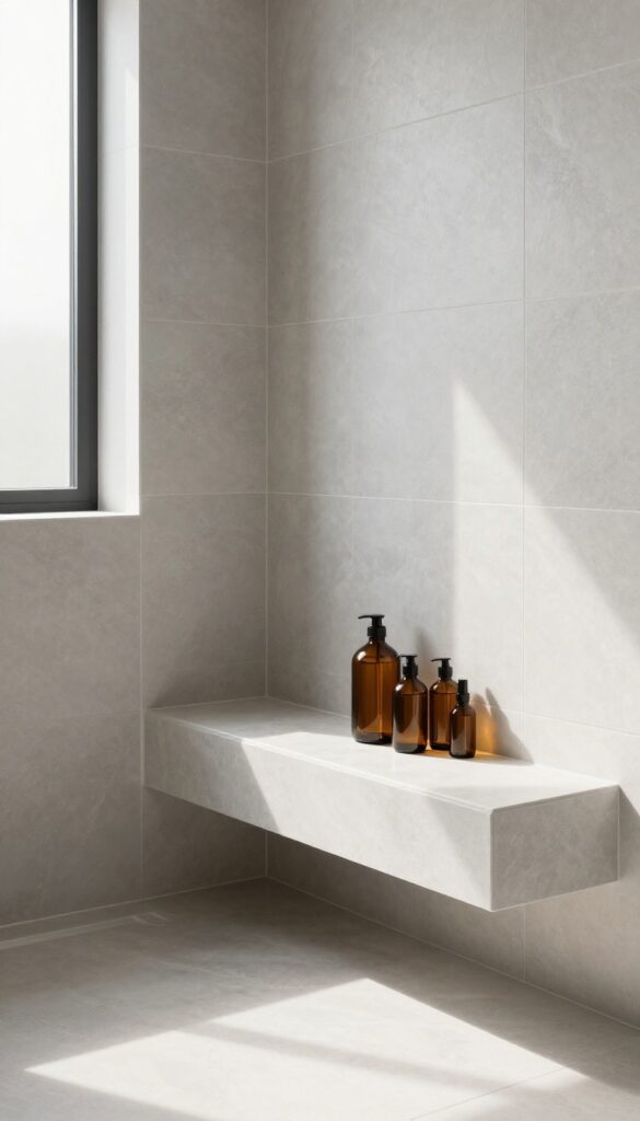 Modern walk-in shower with a built-in tile niche and a floating bench, illuminated by natural light