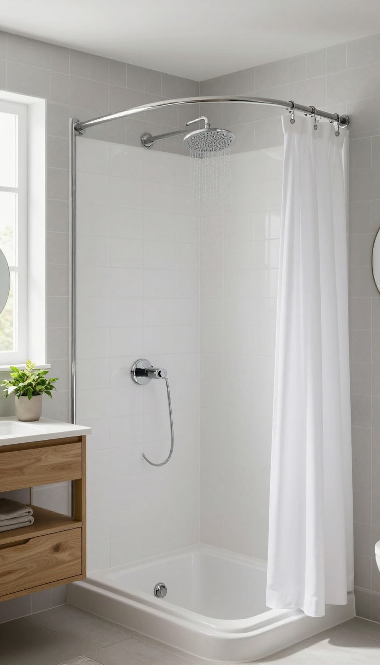 Corner tub-shower combo with curved rod in a bright, modern bathroom