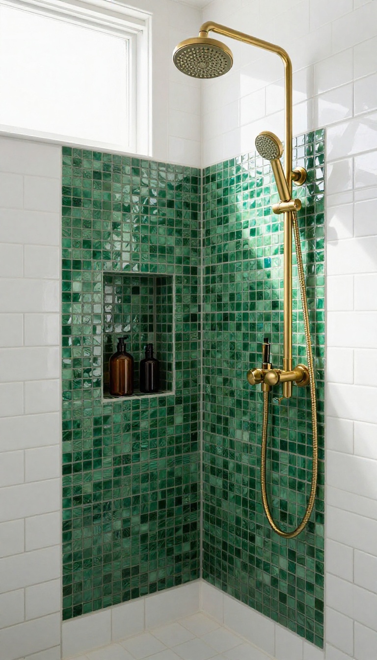 Mosaic green tile shower niche with brass fixtures in a bright, modern bathroom
