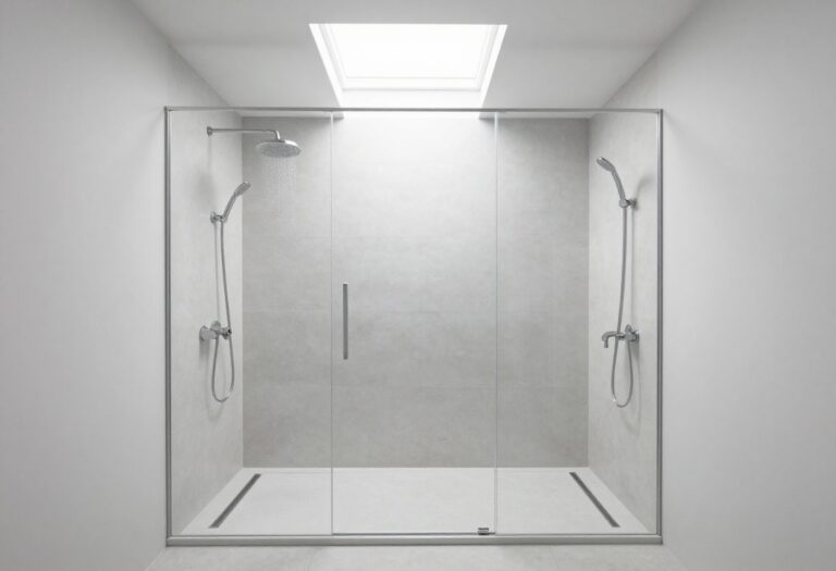 Modern open walk-in shower with rainfall showerhead and glass panel