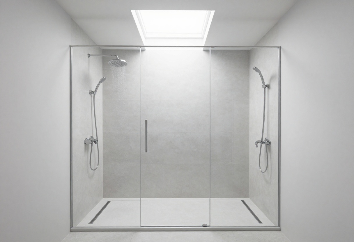 Modern open walk-in shower with rainfall showerhead and glass panel