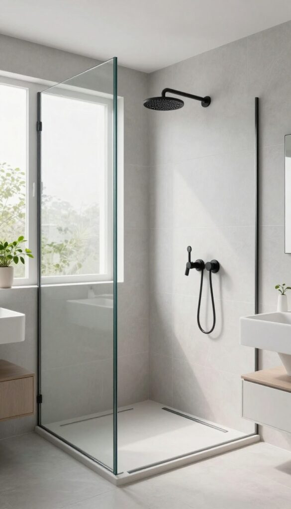 Curbless shower with seamless tile floor and frameless glass in a bright modern bathroom