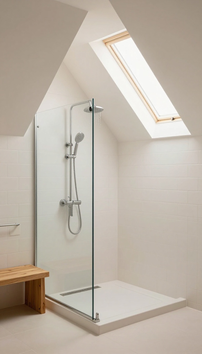 Sloped ceiling shower cabin in an attic bathroom with frameless glass and skylight