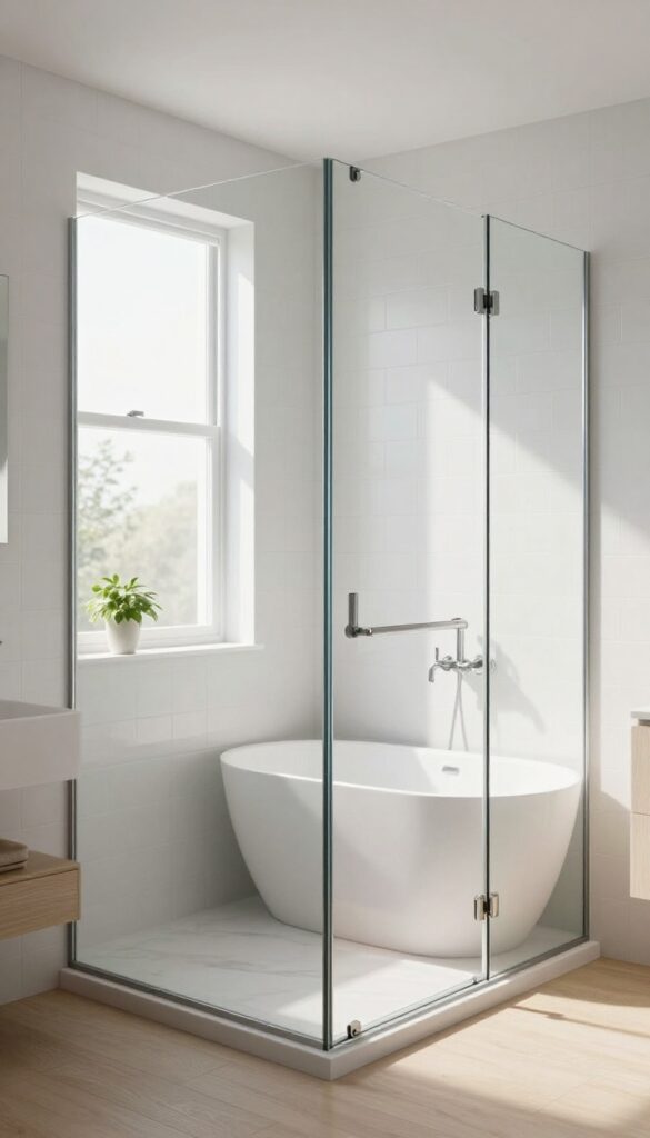 Bright minimalist bathroom with frameless glass shower door and stone bench in tub
