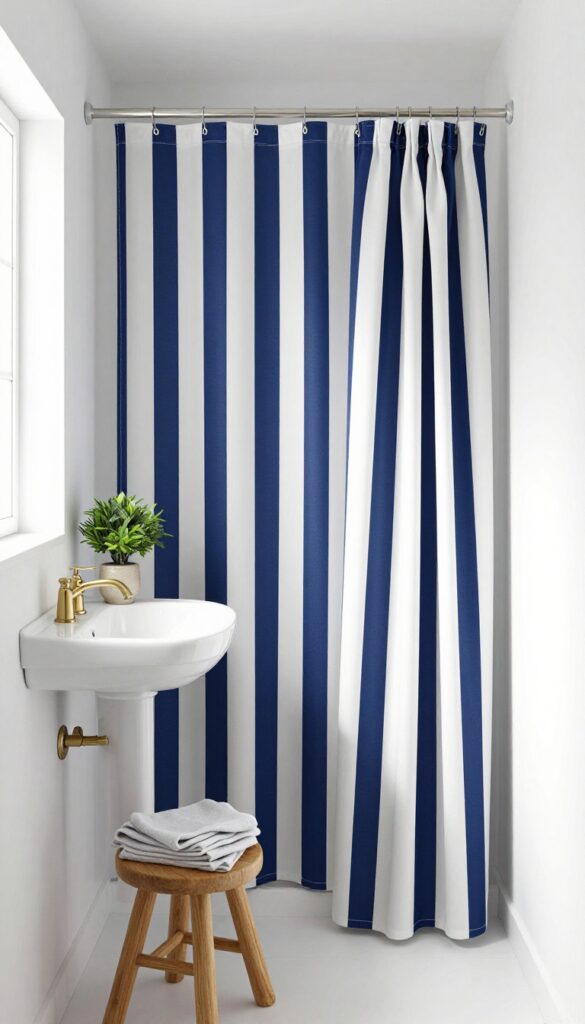 Small bathroom with navy and white vertical striped shower curtain that makes the ceiling appear higher.