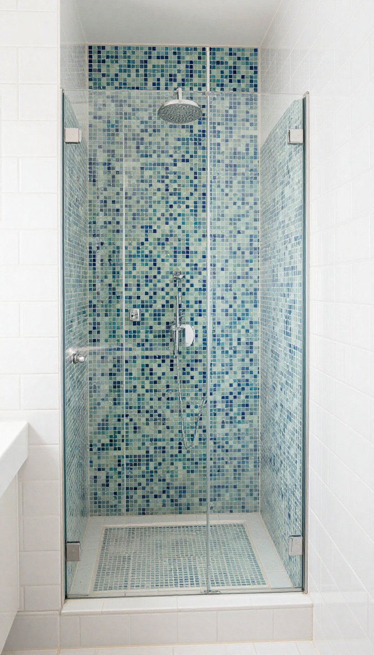 Small stand-up shower with mosaic tile accent wall and floor in blue and green tones