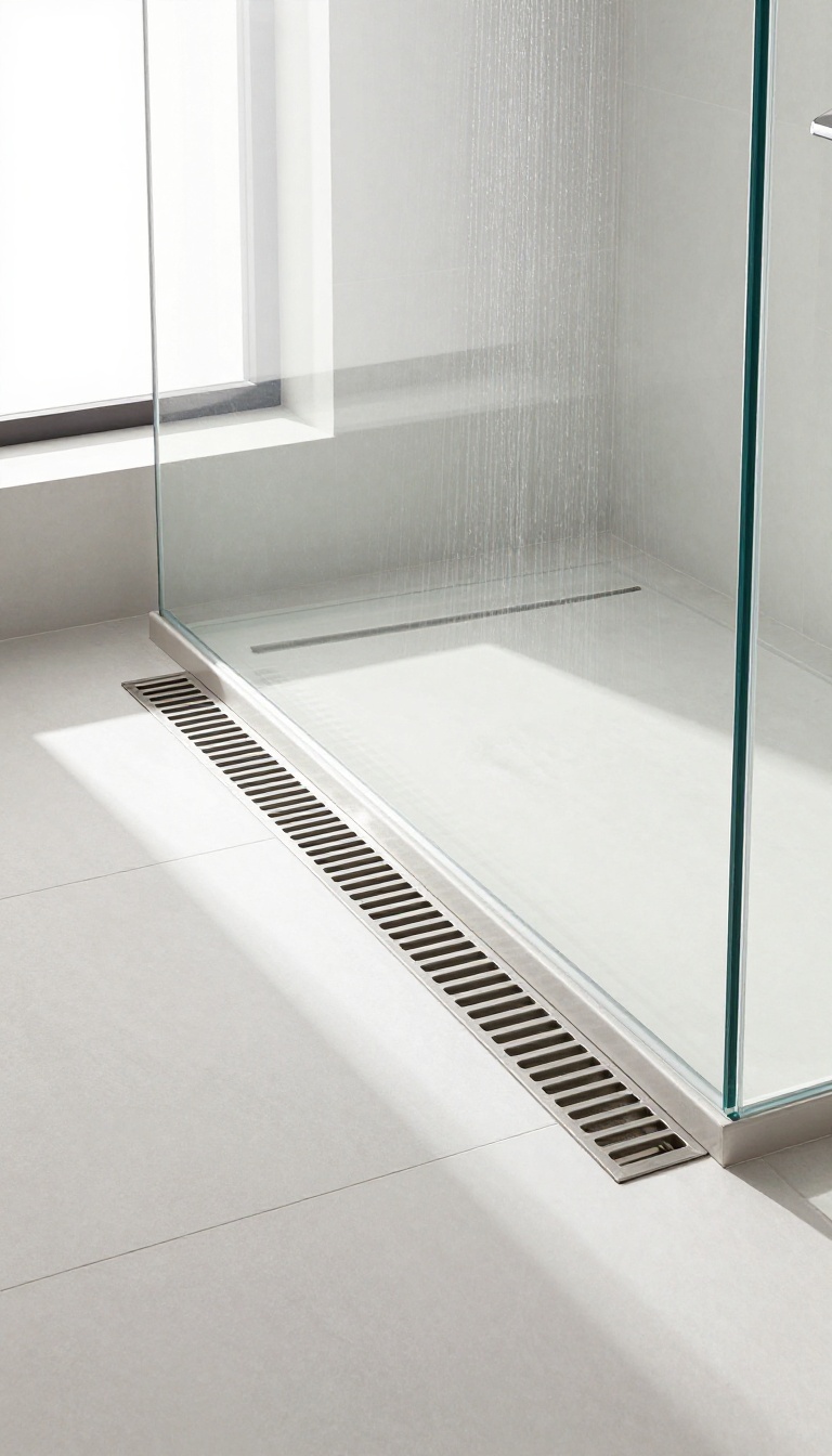 Custom linear drain seamlessly integrated into a curved shower floor with brushed stainless steel finish