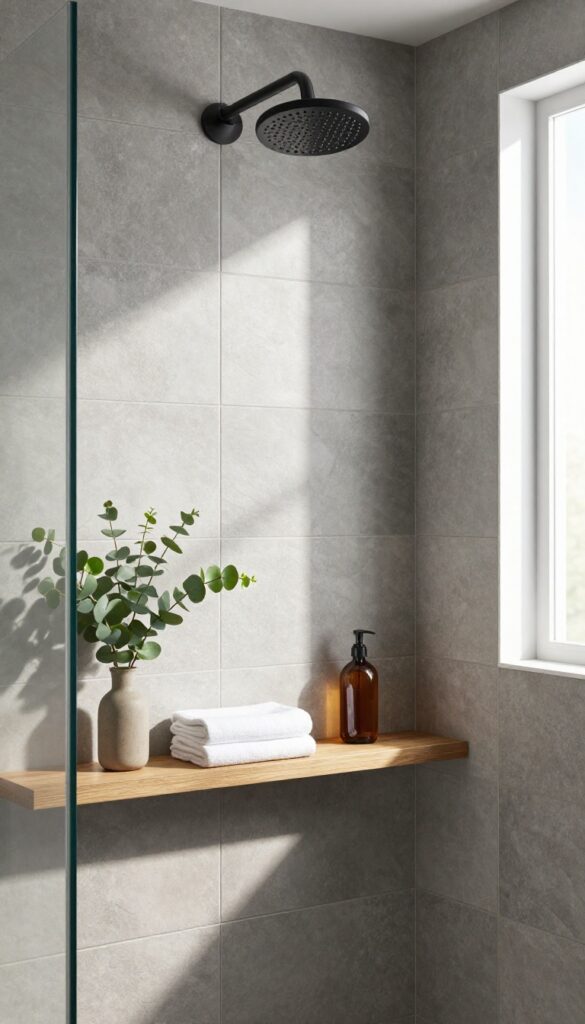 Modern shower with a built-in wood-look tile shelf holding a plant, towels, and shampoo, contrasting with cool gray stone tiles.